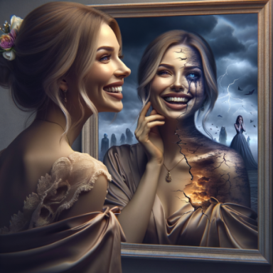 A woman smiles at her mirror reflection, revealing a ghostly, damaged version of herself.