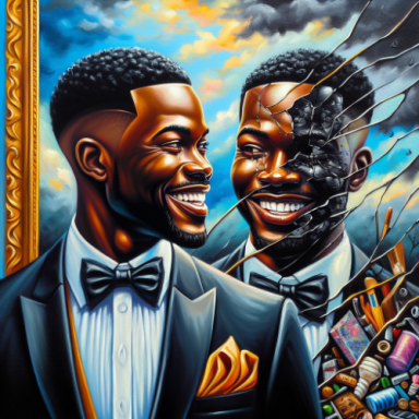 A man in a tuxedo smiles at his fragmented reflection, surrounded by colorful fragments.