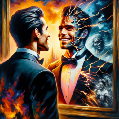 A man in a tuxedo gazes into a mirror reflecting a distorted, fragmented version of himself.